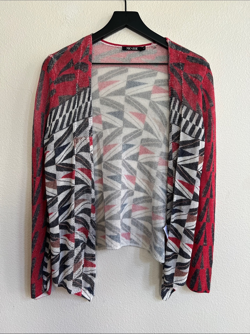 NIC + ZOE Open Cardigan Lightweight Knit Pixel Geometric Red/Black/Cream S